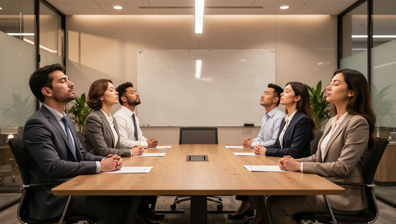 A photorealistic image of exactly four professionals—two men and two women—in a calm modern office meeting room, breathing deeply together in relaxed postures under warm lighting, with no phones, text, or logos visible.