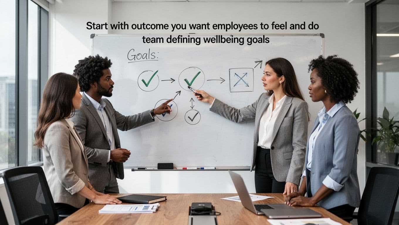 A diverse team of three professionals in a conference room, with one pointing to a whiteboard featuring simple goal icons like checkmarks and arrows, engaged in a focused discussion under natural office lighting in realistic photography style.