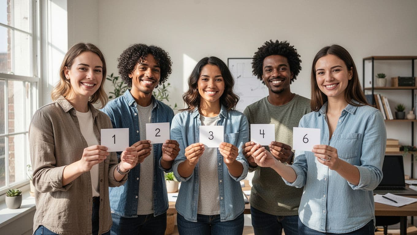 A small diverse team of exactly five people smiles during an animated video call, holding simple cards with numbers 1-10 for a rapid energy check-in in clean home offices.