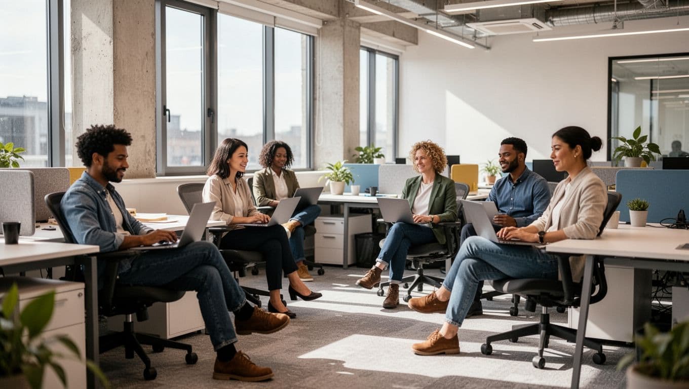 A diverse group of exactly five professionals collaborates in a modern office featuring flexible setups, with some using laptops in relaxed postures under soft natural light.