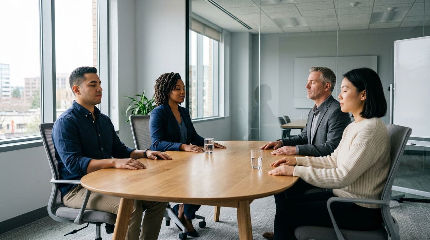 A small team of four diverse professionals seated around a conference table, pausing for a guided breathing exercise with eyes closed and a leader facilitating. Bright office lighting in realistic style, no text or devices visible.