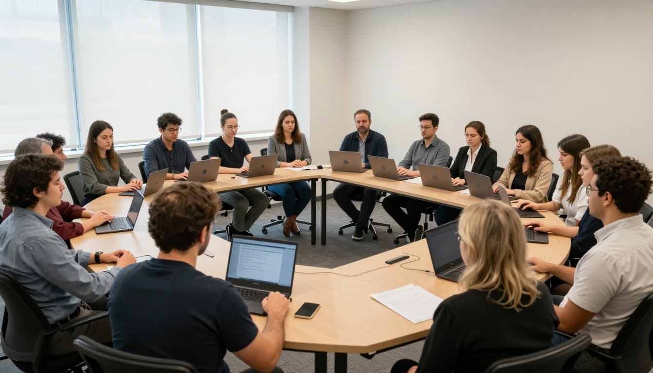A diverse team in a modern meeting room sits calmly with eyes closed, practicing guided breathing together before an important meeting, bathed in soft natural light from the window.
