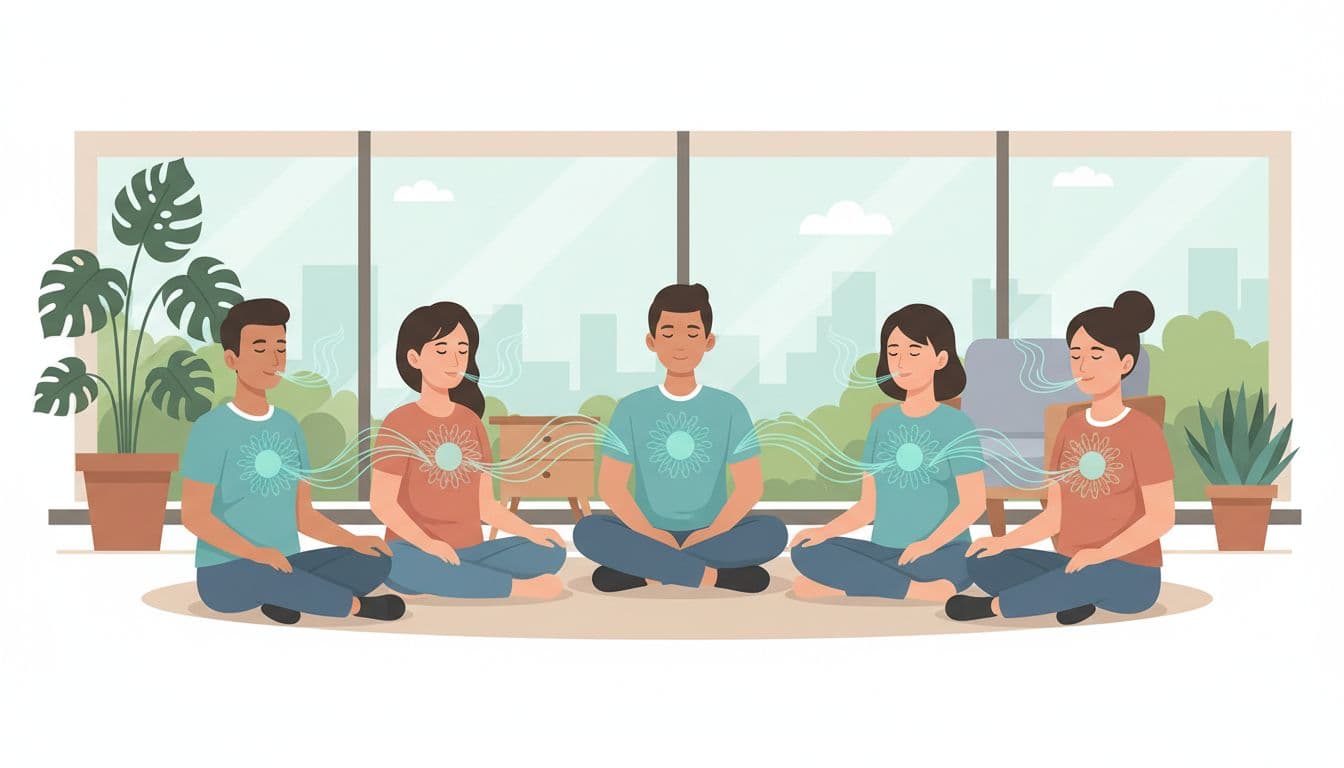 Equipo diverso de cinco personas en oficina moderna mexicana realiza ejercicio de respiración guiada en círculo, con ambiente relajado, luz natural y acentos calmantes en teal.