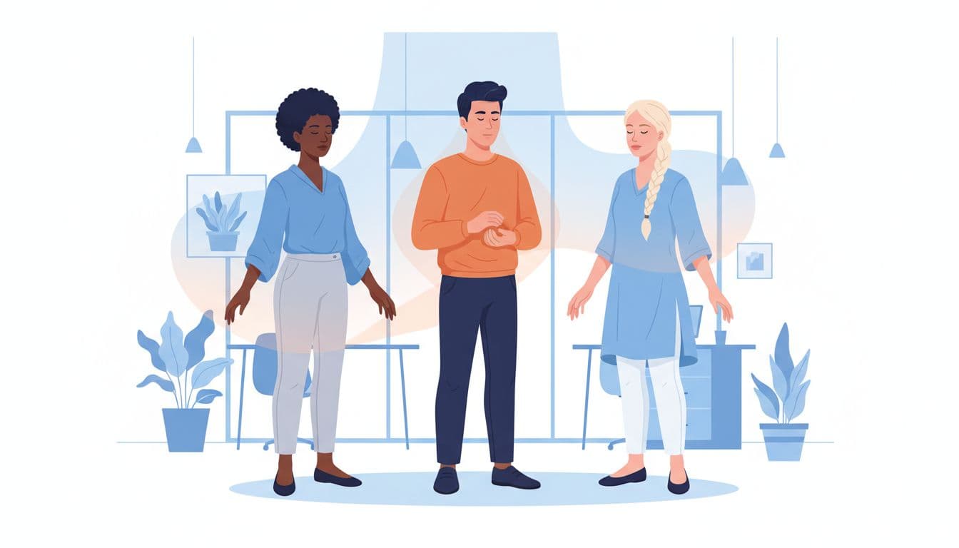 Group of three diverse young professionals in a modern office standing in a circle doing guided breathing together, with relaxed postures, loose arms, and a subtle shared calm aura, in a clean illustrative style with uplifting blue and orange palette.