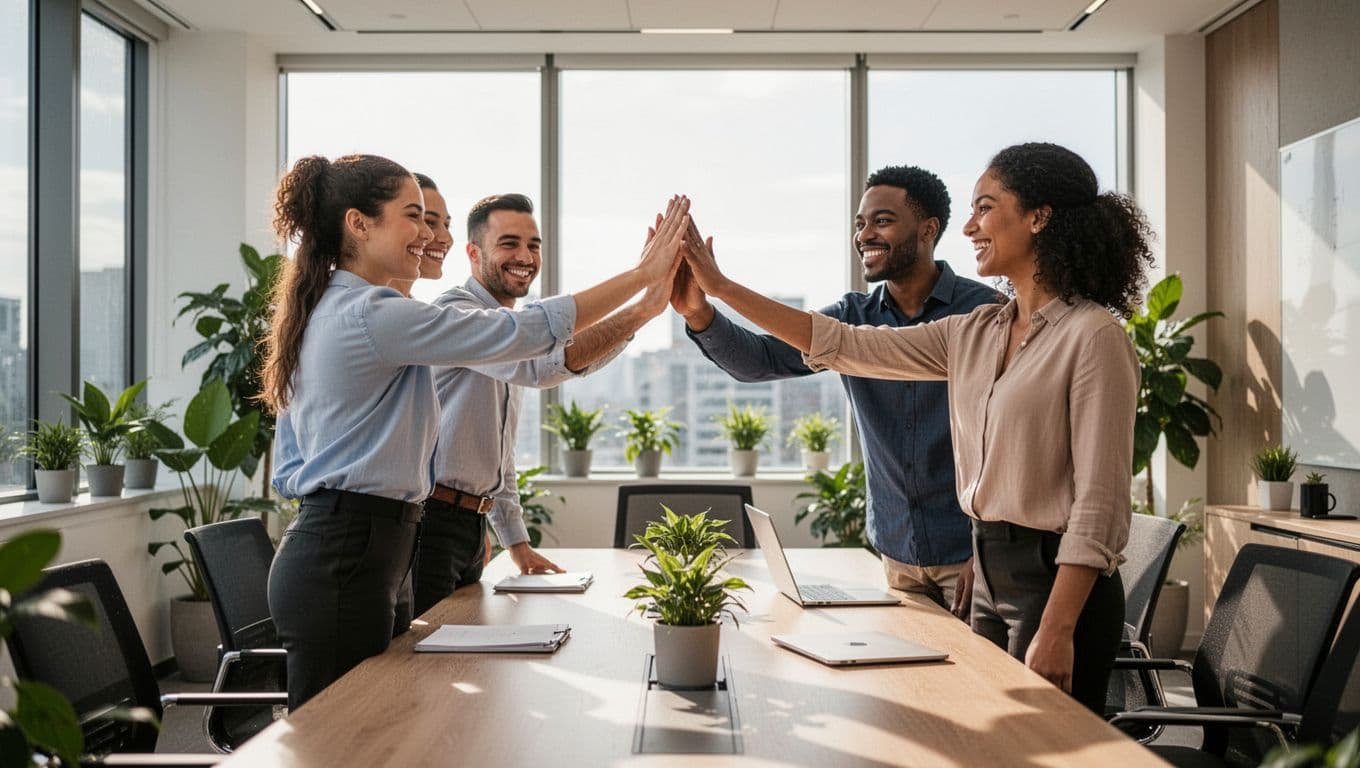 Diverse team of four employees high-fiving in a bright modern conference room after success, with genuine smiles, relaxed poses, plants, and natural window light.