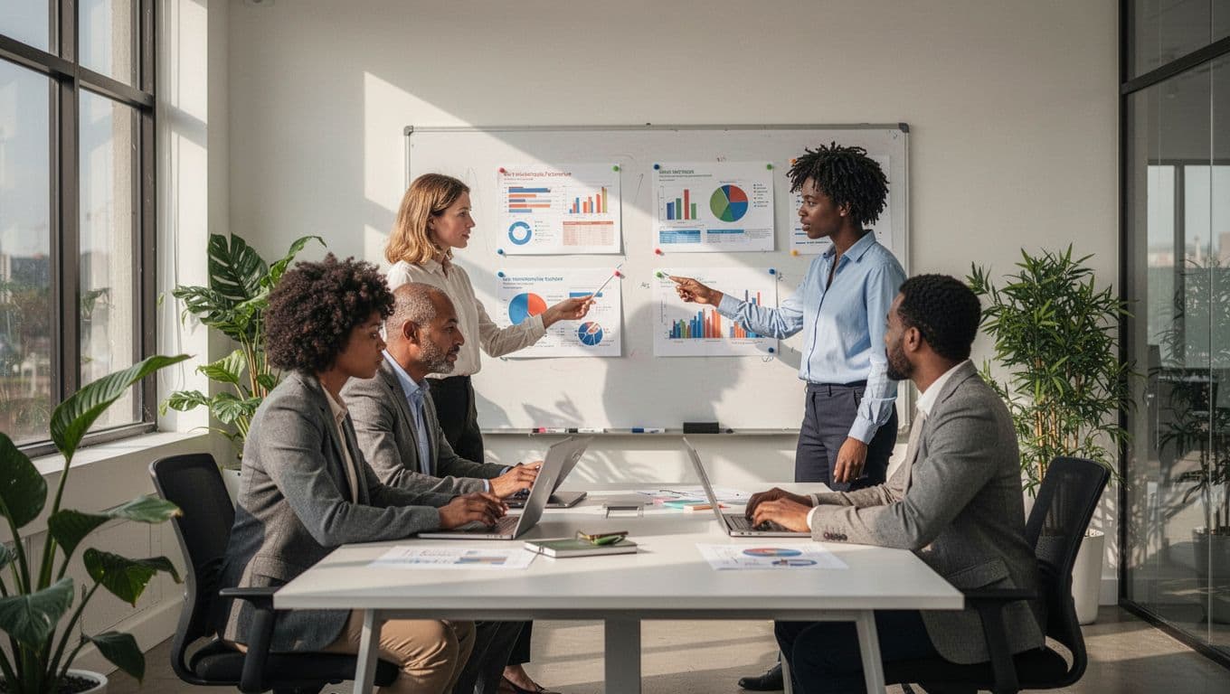 A diverse team of three in a modern casual office discusses wellness reports featuring graphs on a whiteboard, with focused and collaborative expressions. Natural light illuminates the plant-filled environment, wide realistic photographic style.