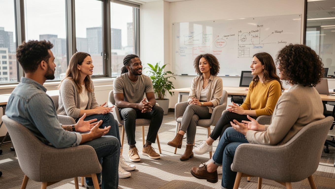 Diverse group of six team members, three men and three women, sitting in a casual circle in a bright conference room during a relaxed team discussion, demonstrating open body language while listening and sharing ideas.