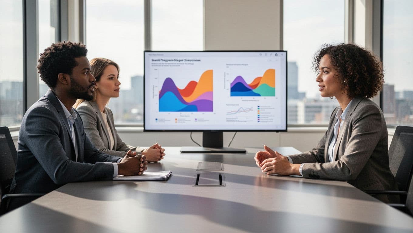 Three diverse professionals in a conference room discuss mental health program data on a shared screen featuring abstract graphs, in a collaborative and relaxed setting with natural lighting.