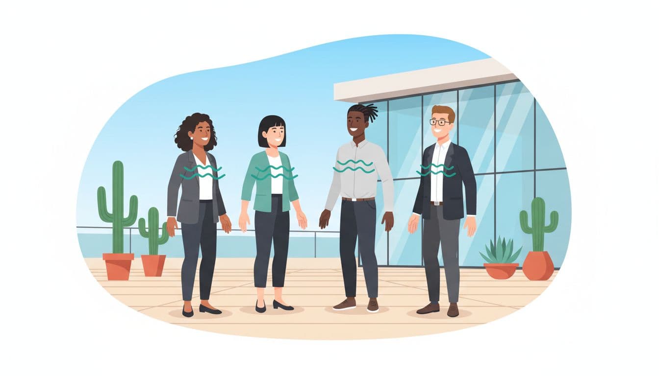 Four diverse office workers stand smiling in a circle on outdoor terrace, hands relaxed with subtle teal breathing waves.