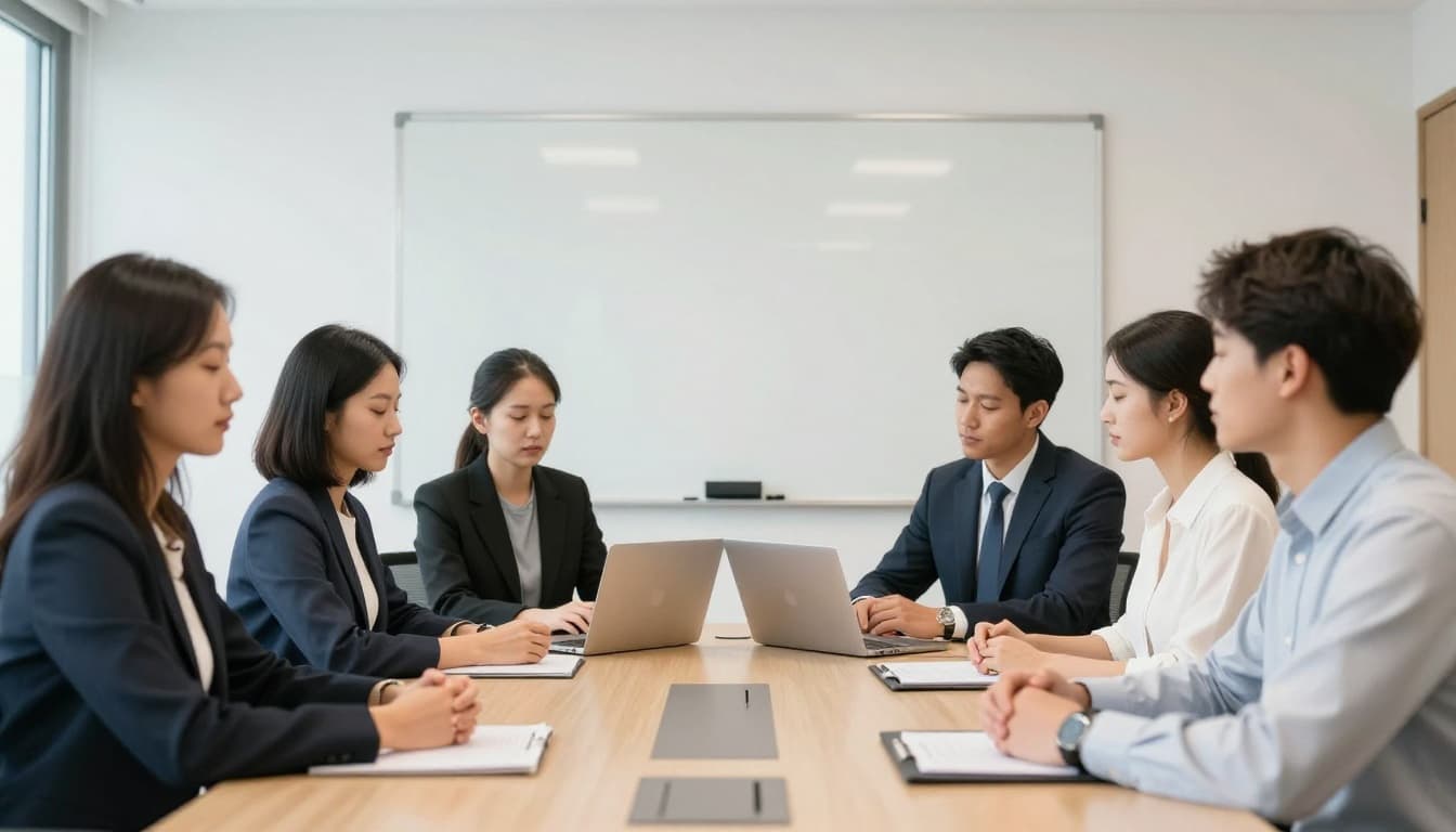 A diverse small team of exactly four professionals in a conference room pauses their meeting to breathe together, eyes closed with hands on the table in relaxed postures, whiteboard behind under natural office lighting.