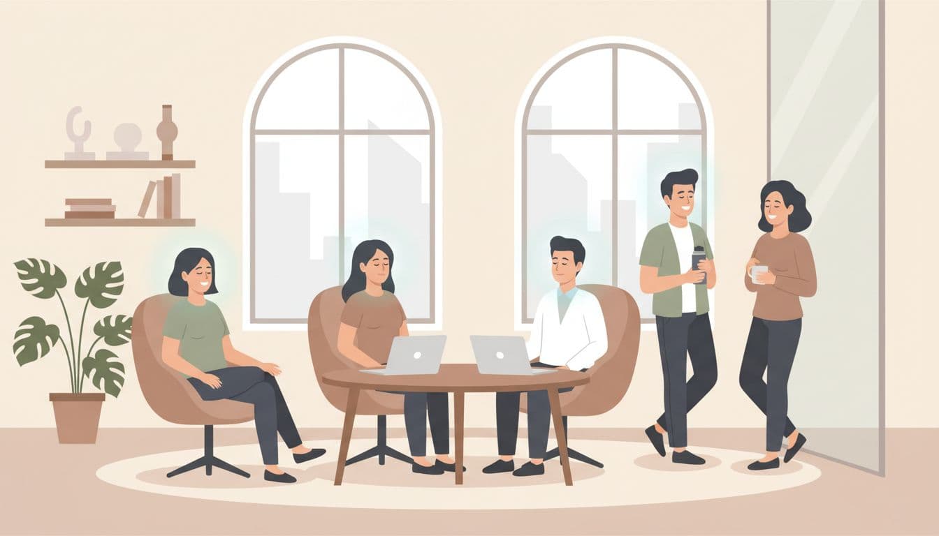 Group of diverse professionals enjoying a relaxed team meeting break with some closing eyes for mindfulness and others chatting softly in a modern office.