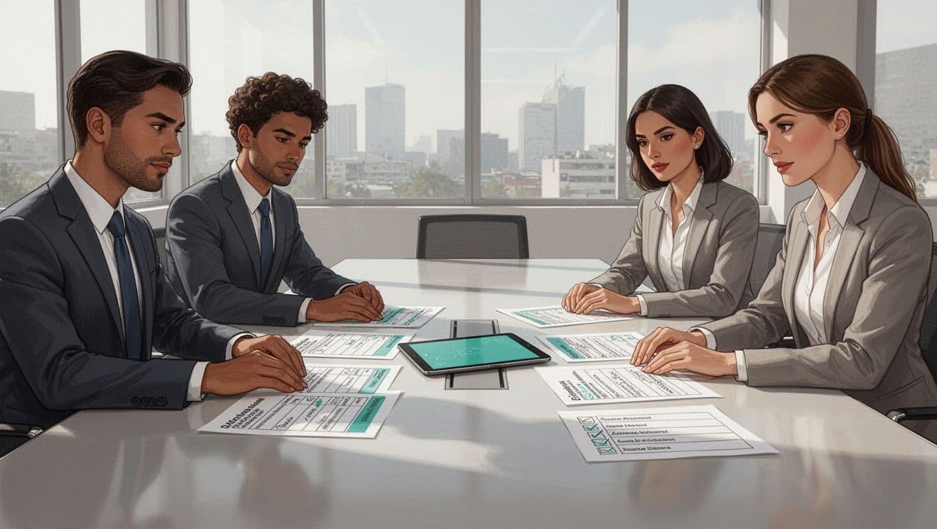 Cuatro personas diversas en una sala de juntas moderna en CDMX revisan concentrados un checklist de NOM-035 con tablet y papeles, en estilo ilustración moderna con iluminación natural.