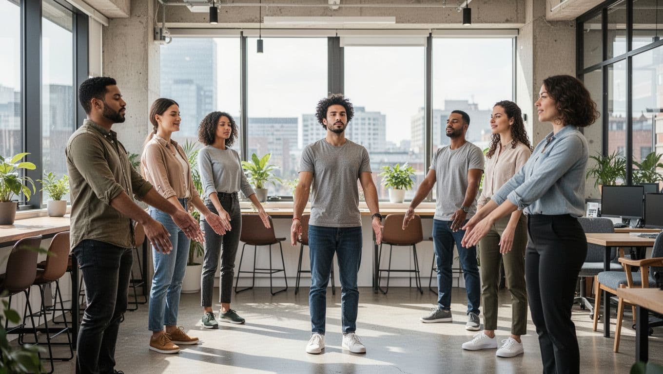 Small diverse team of five employees in an office break area doing a short group stretch or mindfulness exercise led by one, in casual professional attire with bright natural light.