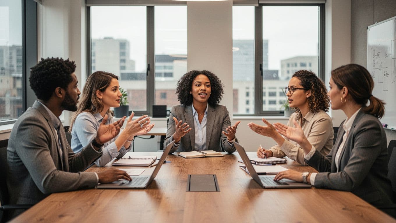 A diverse team of five professionals engages in an open discussion around a conference table in a modern office, showcasing healthy team dynamics with attentive listening and confident speaking.