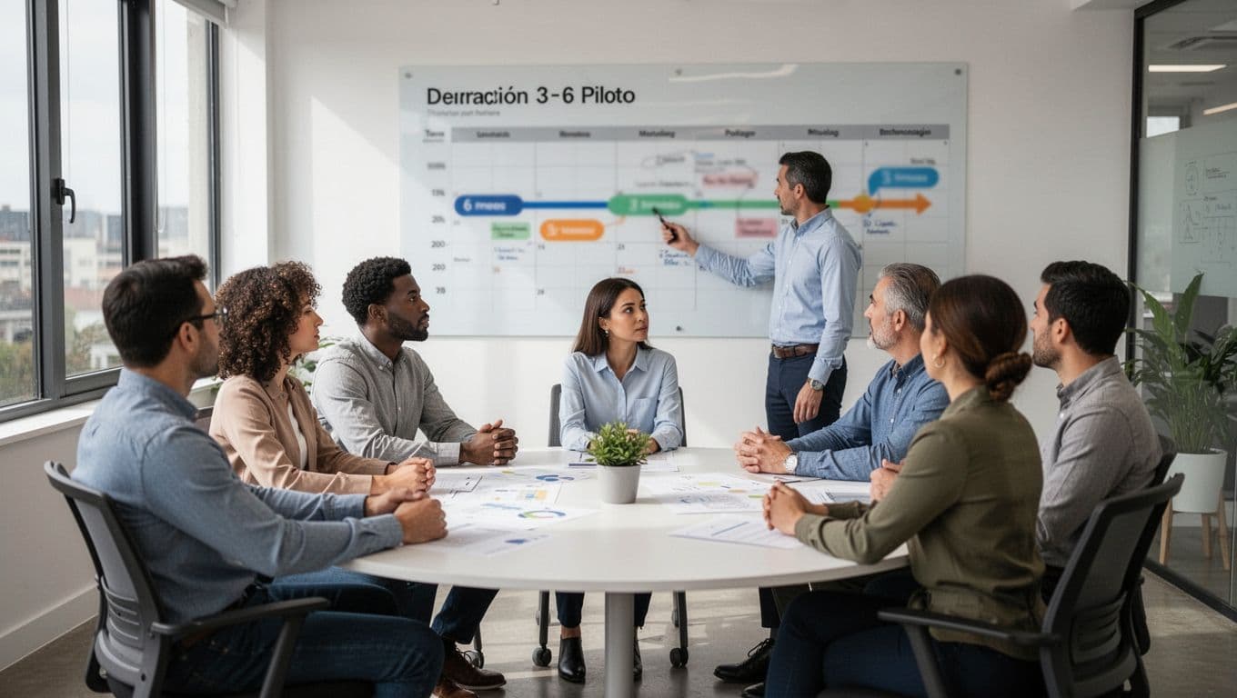 Small group of 6 diverse employees in a modern office seated around a round table, with the manager pointing to a blurred 3-6 month timeline on a wall calendar during a discussion.