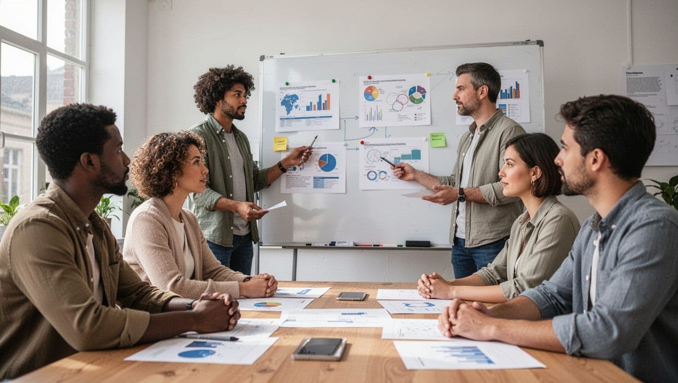 A diverse group of four company employees in a sunlit meeting room collaboratively discusses charts on a whiteboard with focused expressions, capturing a realistic and engaging planning session for a digital wellbeing program.