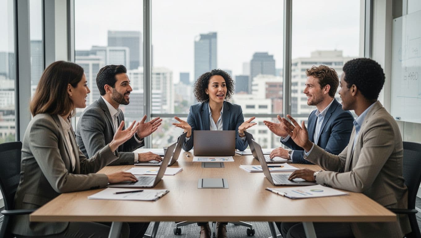 A diverse group of five professionals in a modern conference room openly discusses around a table with laptops and notes, with one speaking confidently and others nodding positively under natural daylight.