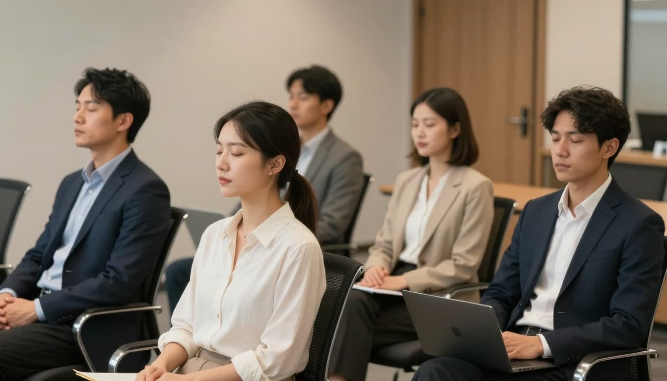 A diverse group of four professionals seated in a modern conference room, eyes closed and breathing in unison with relaxed postures before a meeting. Soft warm lighting in a realistic photo style, no devices, text, or logos.