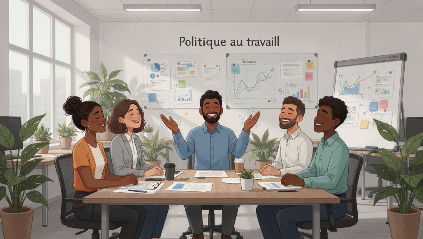 Illustration of a diverse group of two to three colleagues in an informal open office meeting, sharing a subtle collective breathing gesture with relaxed smiles, whiteboards, and plants in a modern style with clean lines and neutral palette.