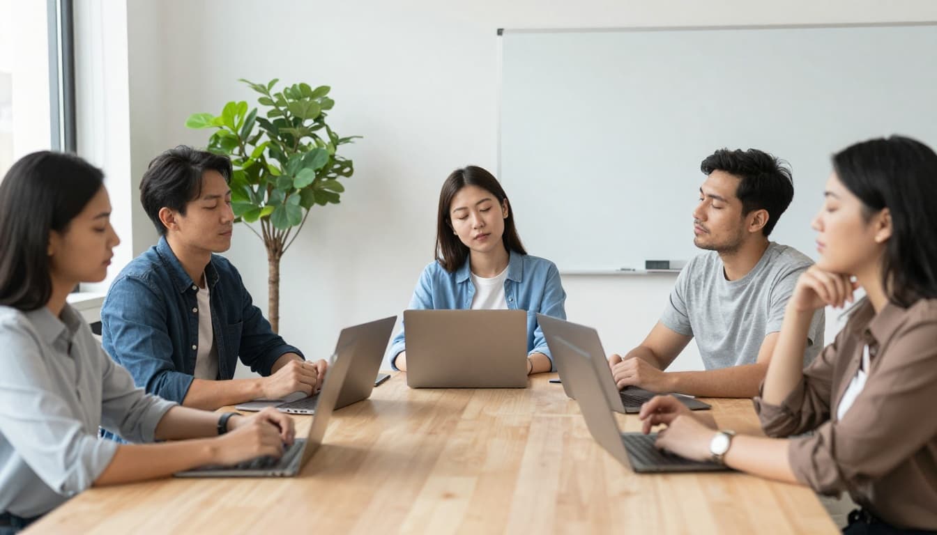 A diverse team of four office workers—two men and two women—in a casual modern office, pausing their relaxed meeting for a brief breathing break with eyes closed. The scene emphasizes a calm group atmosphere, natural daylight, plants, whiteboard, realistic photo style, no devices or text.