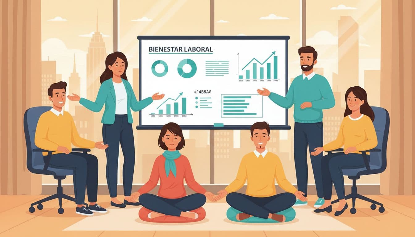 Six diverse executives and employees relax with slight smiles and open postures in CDMX meeting room; wellness metrics on whiteboard behind, skyline visible.
