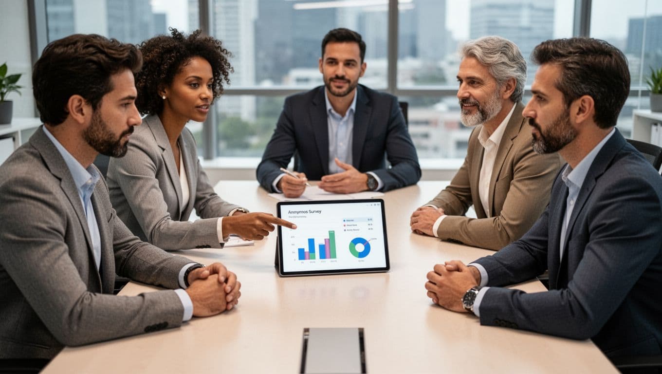 Three diverse professionals seated around a conference table in a modern office, one pointing to a blurred anonymous survey results chart on a shared tablet, engaged in discussion with natural lighting.