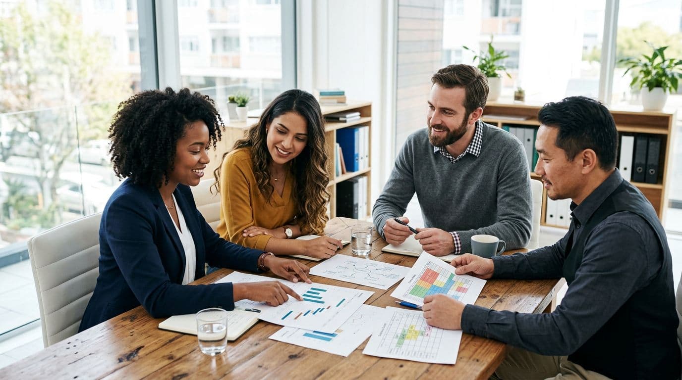 A small diverse team of four professionals—two men and two women—sits around a table in a bright office, engaged in a relaxed discussion while reviewing salary charts and schedules on paper under natural window light.