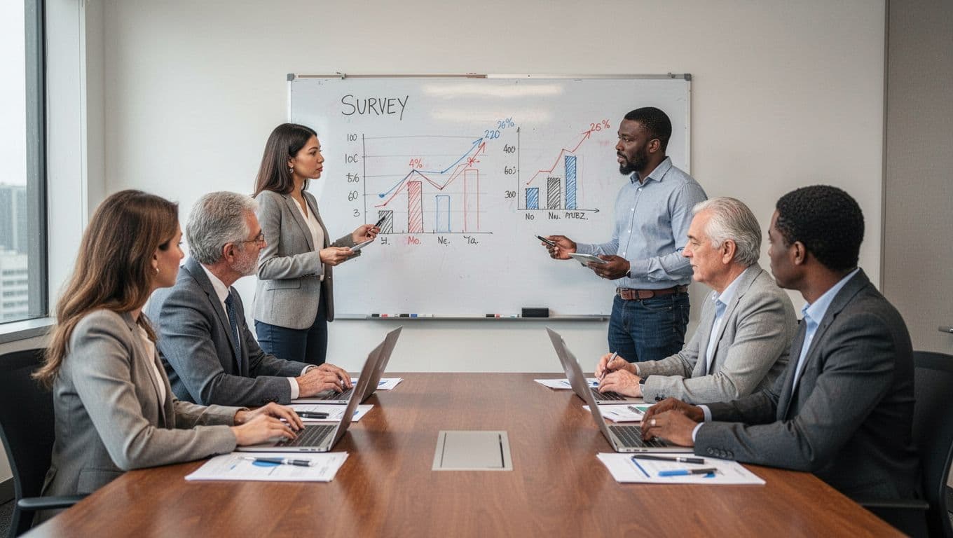 A team of five professionals—two women and three men of diverse ages—in a conference room, focused on discussing survey results written on a whiteboard, using laptops and notes under neutral lighting in a photorealistic side-view composition.