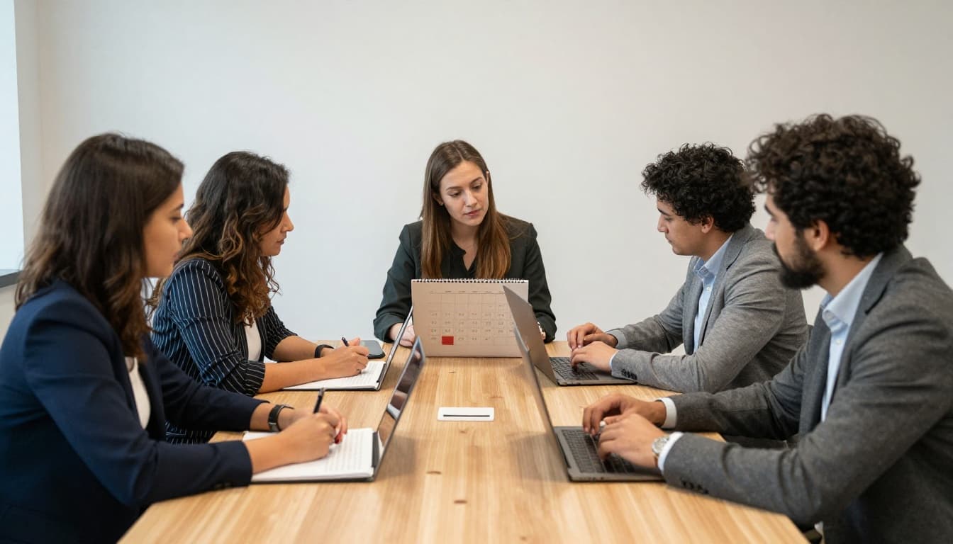 A diverse team of four professionals in a sunlit meeting room calmly reviews a calendar highlighting free time blocks, with relaxed hands on the table emphasizing group interaction and boundary setting.