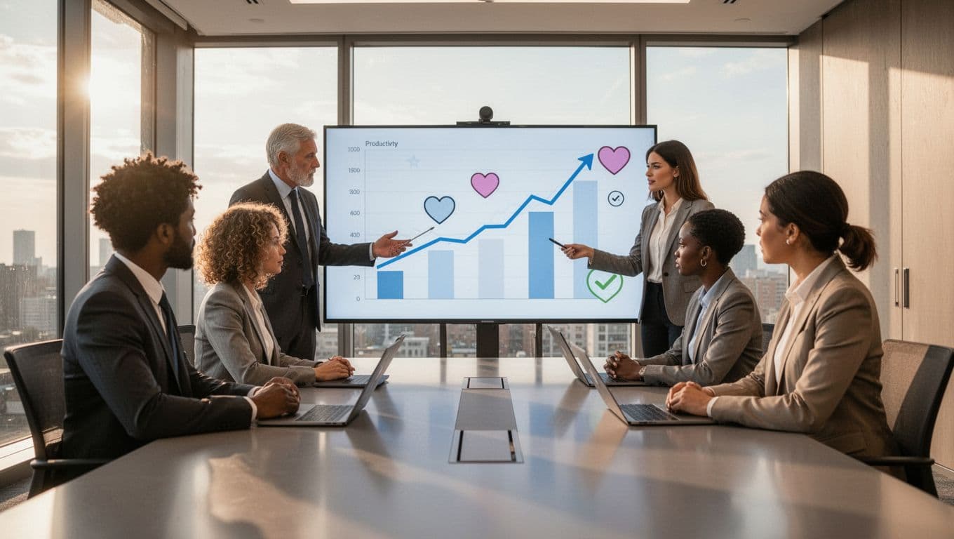 A diverse team of four employees in a bright conference room examines a large digital dashboard displaying upward productivity graphs and wellbeing metrics icons like hearts and checkmarks, engaged in collaborative discussion under natural window light.