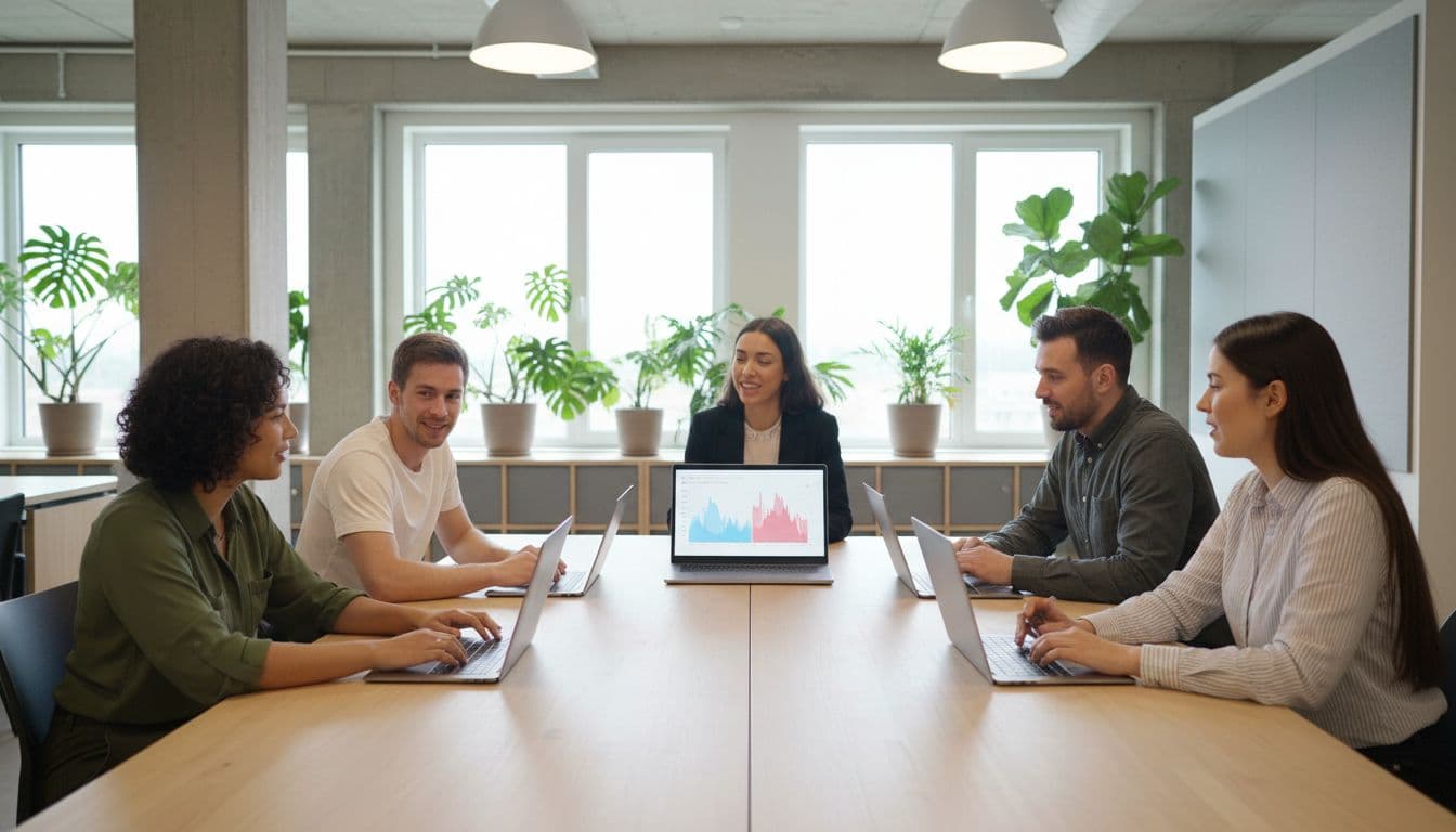 A diverse team of exactly five people collaborates around a table in a modern office, viewing stress graphs on laptops amid a relaxed environment with plants and natural light.