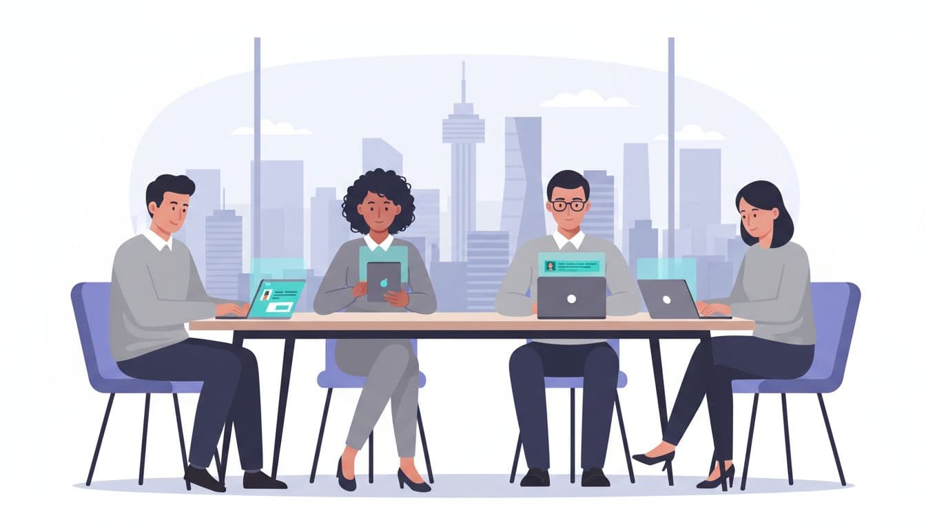 Ilustración moderna de un equipo diverso de cuatro empleados en una oficina con vista al skyline de CDMX, respondiendo una encuesta de estrés laboral en tablets y laptops con expresiones relajadas.
