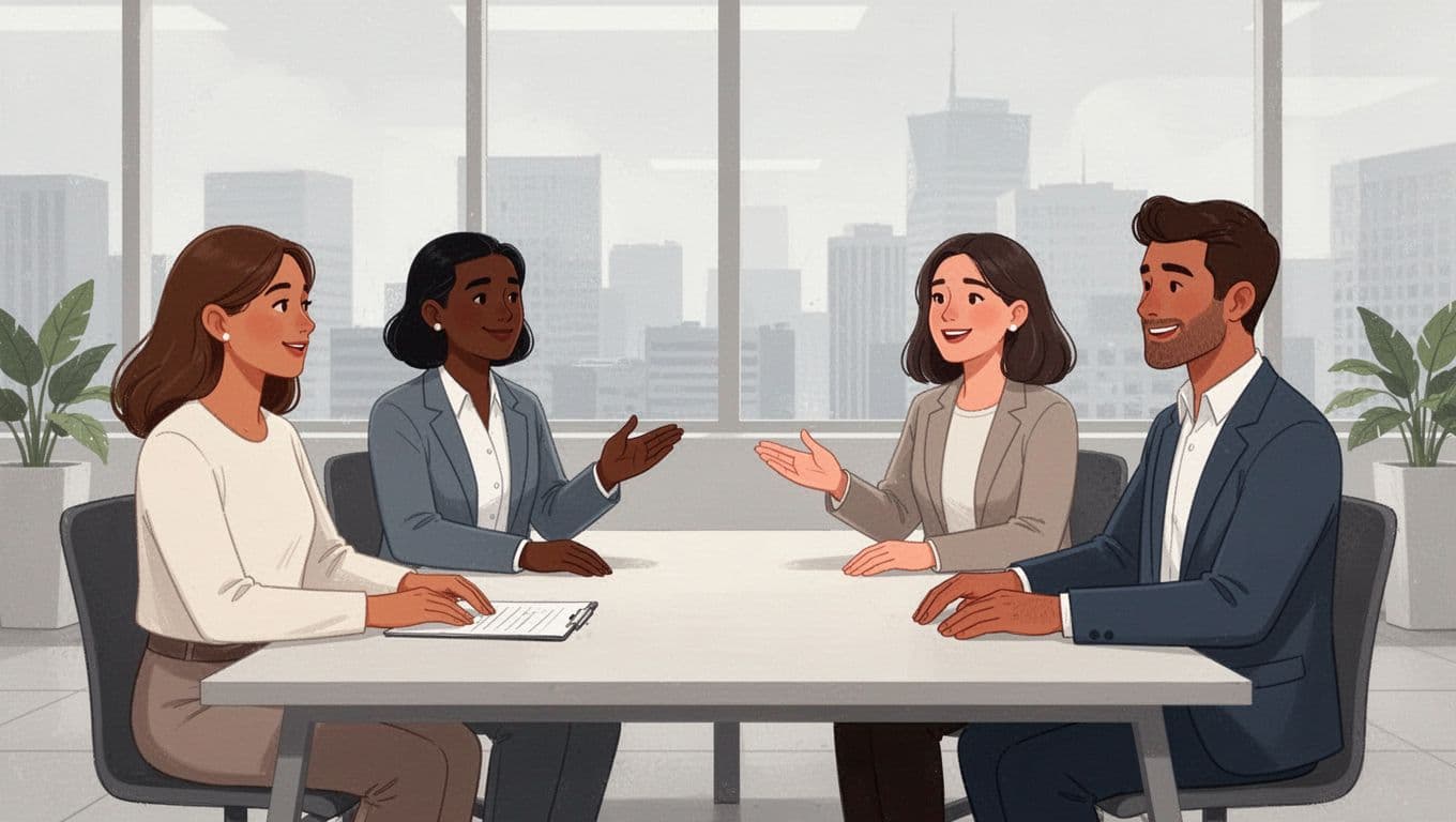 Modern illustration in consistent style: diverse team of four (two women, two men) in modern office calmly discussing around table with supportive gestures and relaxed atmosphere for wellbeing policy talk. Clean shapes, neutral professional palette, strong composition, no text or logos.