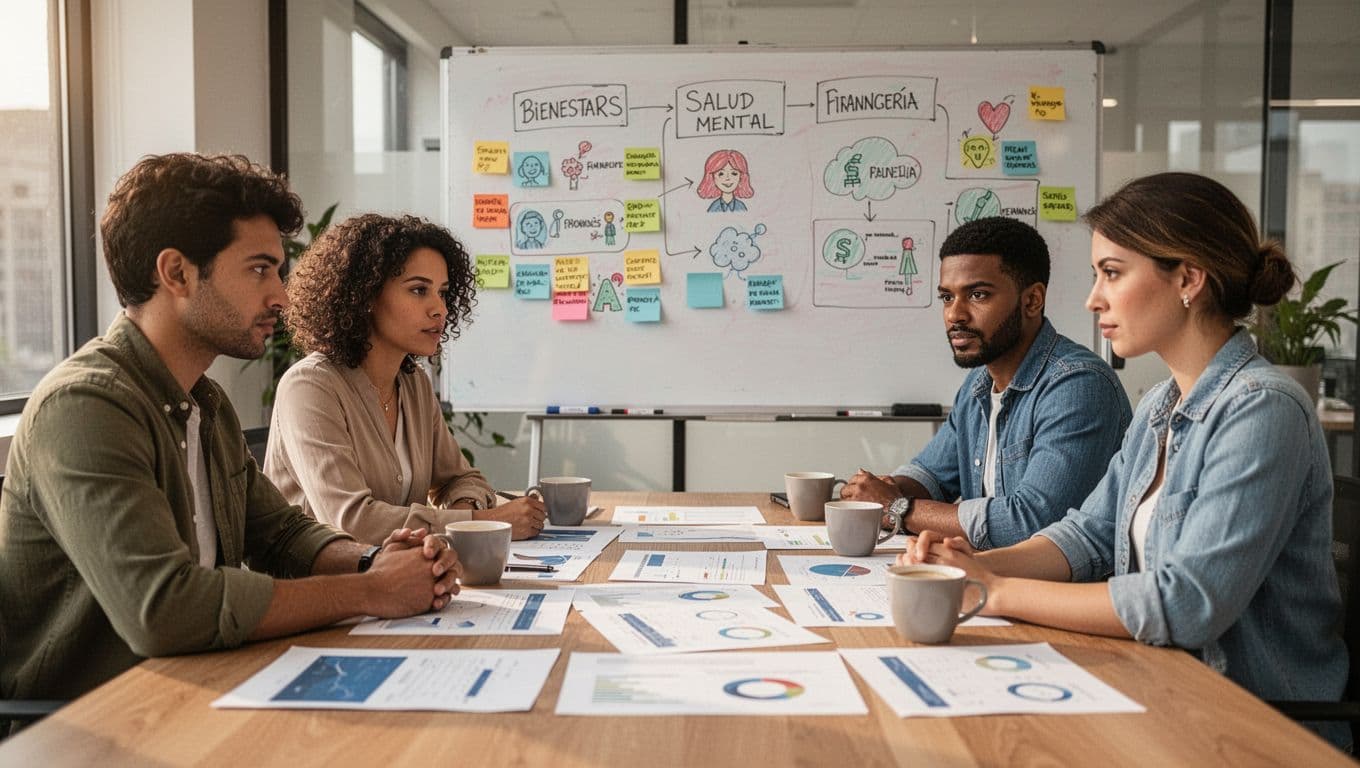 A small diverse team of four people in a modern office collaborates around a table with printed documents, coffee cups, and a whiteboard featuring notes on high-impact wellness options like mental and financial health, under warm natural lighting.