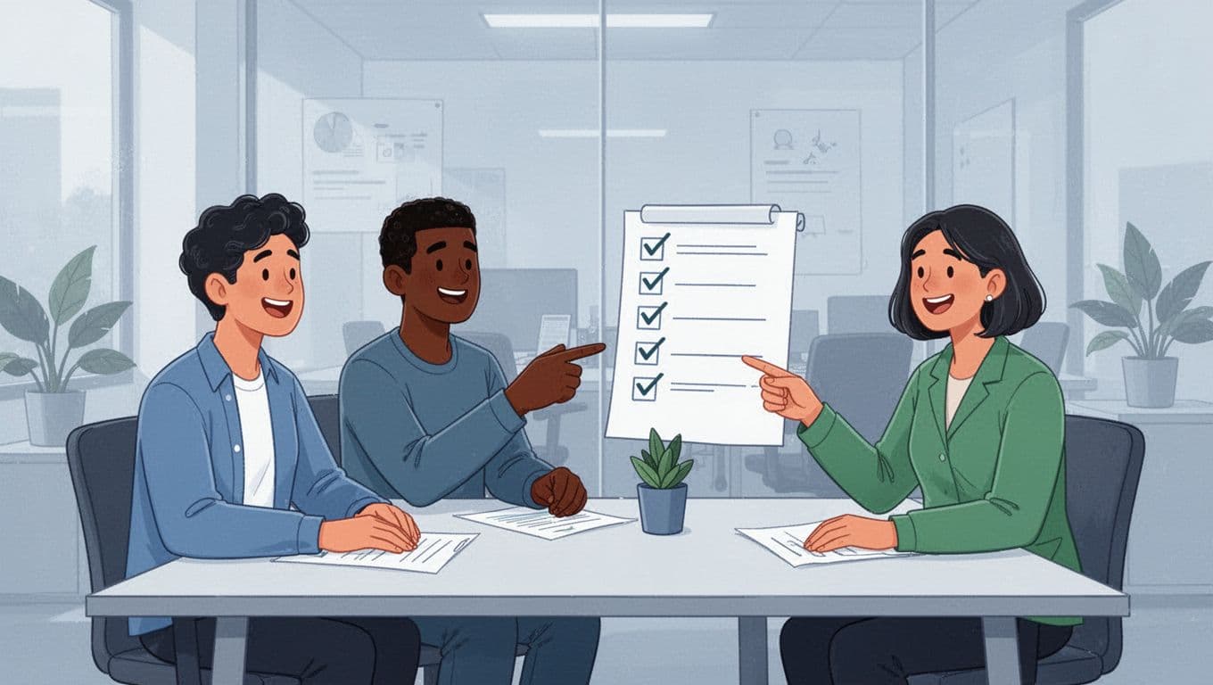 Modern illustration of a small diverse team of three professionals in a casual office meeting, one pointing to a simple paper checklist while discussing wellness policy with positive expressions.