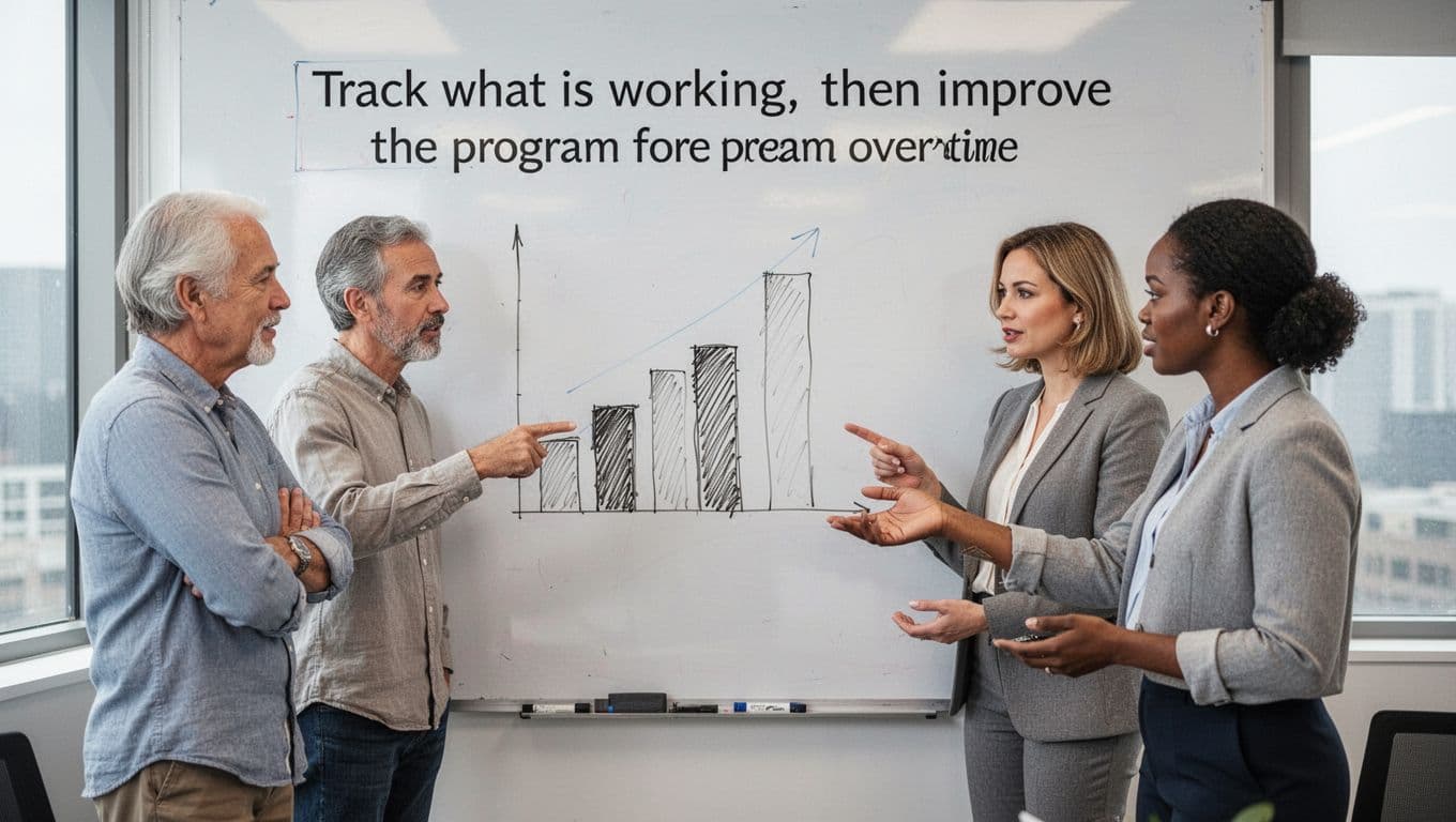 A small team of three professionals with diverse ages and genders stands by a whiteboard with simple hand-drawn bar charts, pointing and discussing collaboratively in a bright conference room, realistic photo style with focused expressions.