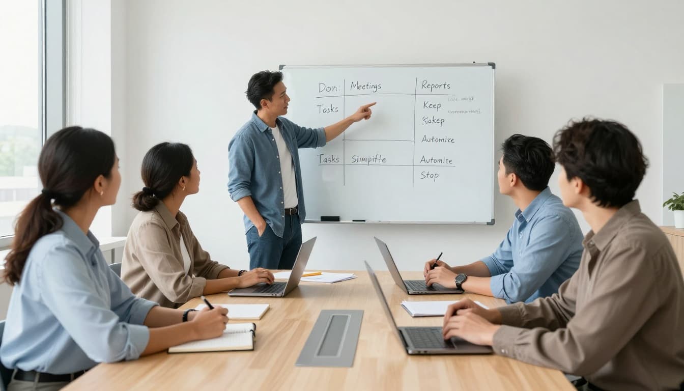 Landscape image of a diverse small business team of four professionals in a bright modern conference room conducting a workload audit meeting, with the leader pointing to a whiteboard labeled with categories like keep, simplify, automate, stop.