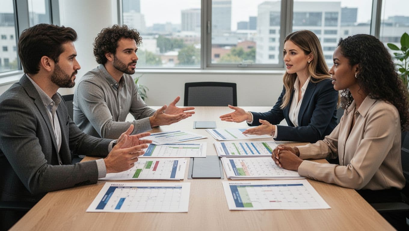 A small team of four diverse professionals—two men and two women—collaborate around a conference table, reviewing printed workload charts and calendars in a modern office with natural light.