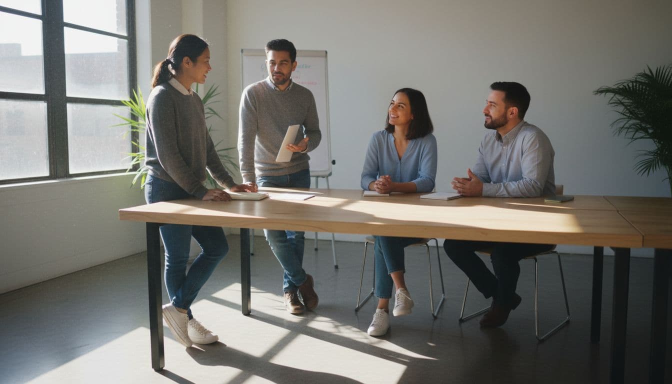 A diverse tech team of exactly four people—two standing and two seated—engages in an open, relaxed conversation in a naturally lit meeting room, with slight smiles and one manager listening attentively, conveying a supportive collaborative atmosphere without dominating devices.