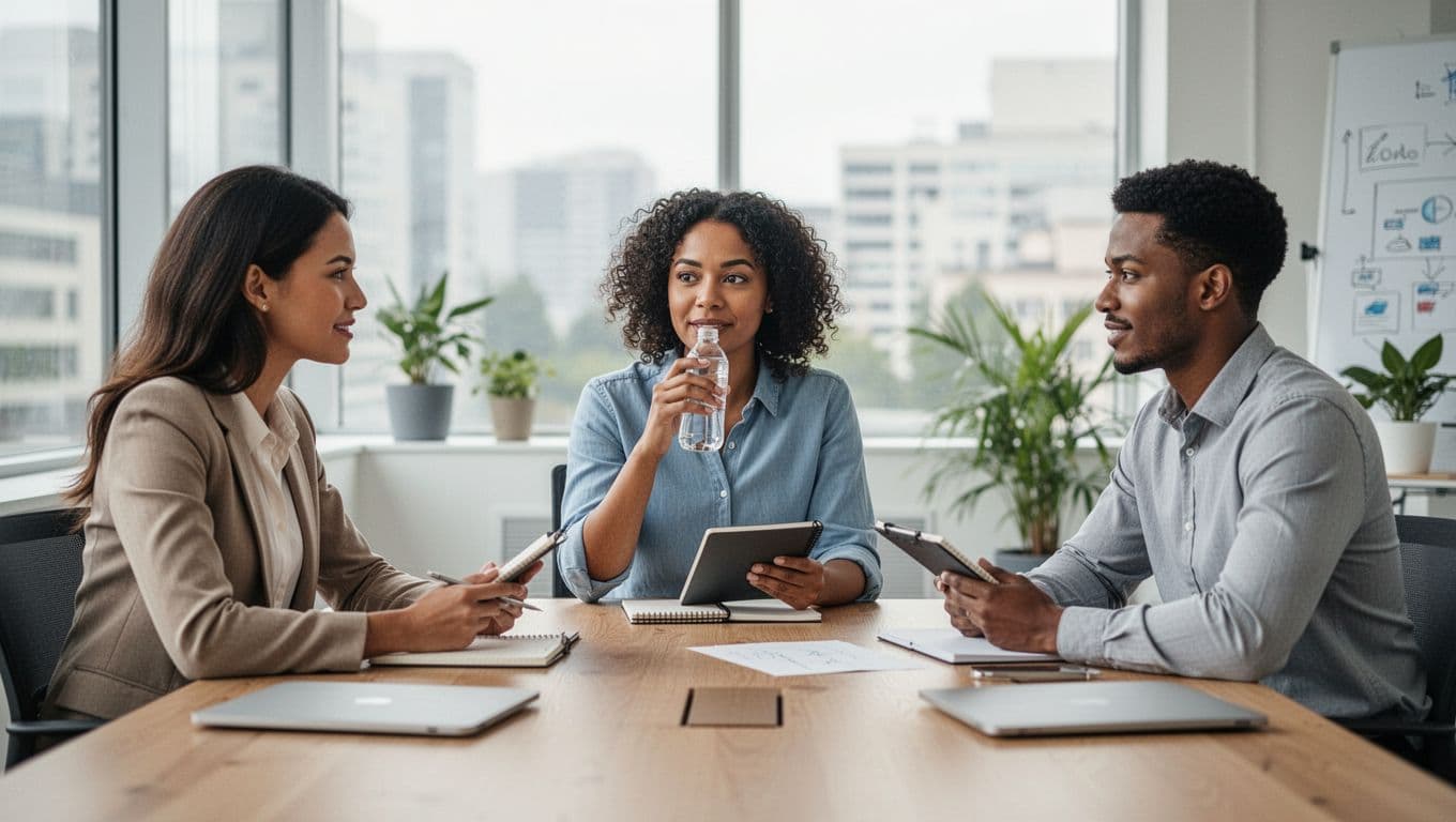 A diverse group of three office workers in a bright meeting room discusses calmly with notebooks, one sipping water, showcasing relaxed postures, collaboration, and wellbeing in realistic professional style with natural daylight.