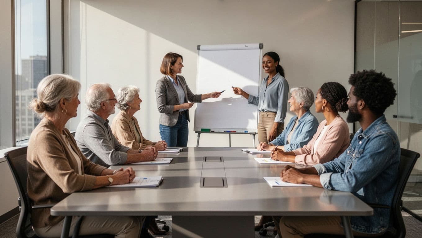 A diverse group of six employees from different ages, genders, and ethnicities seated around a modern meeting room table, with a facilitator pointing to a flipchart on wellness topics, showing relaxed and attentive expressions under soft natural lighting in photorealistic style.