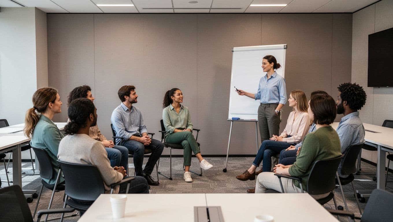A group of seven diverse wellbeing champions seated in a semi-circle during a training workshop, with a facilitator standing by a flipchart in a modern conference room.