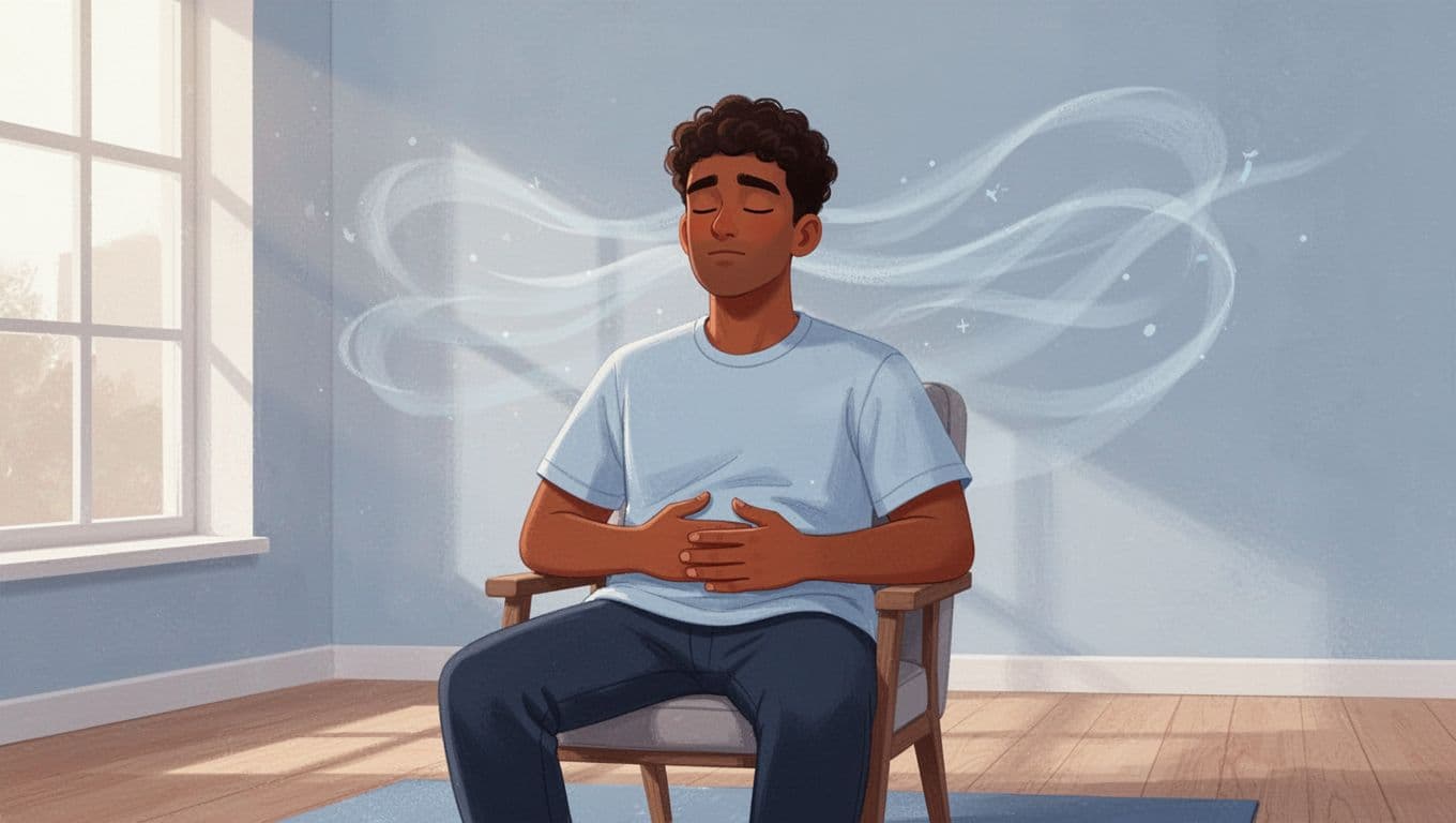 Modern illustration of a diverse young man sitting calmly on a chair in a quiet room with eyes closed and hands resting on his belly during a guided deep breathing exercise, featuring subtle air flow visualization and soft natural light.