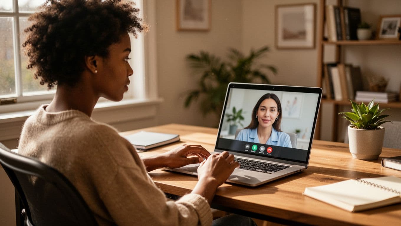 A diverse young patient relaxes in a home office during a telehealth session on a laptop, with a blurred therapist face on screen, highlighting connection in a warm, natural light setting.