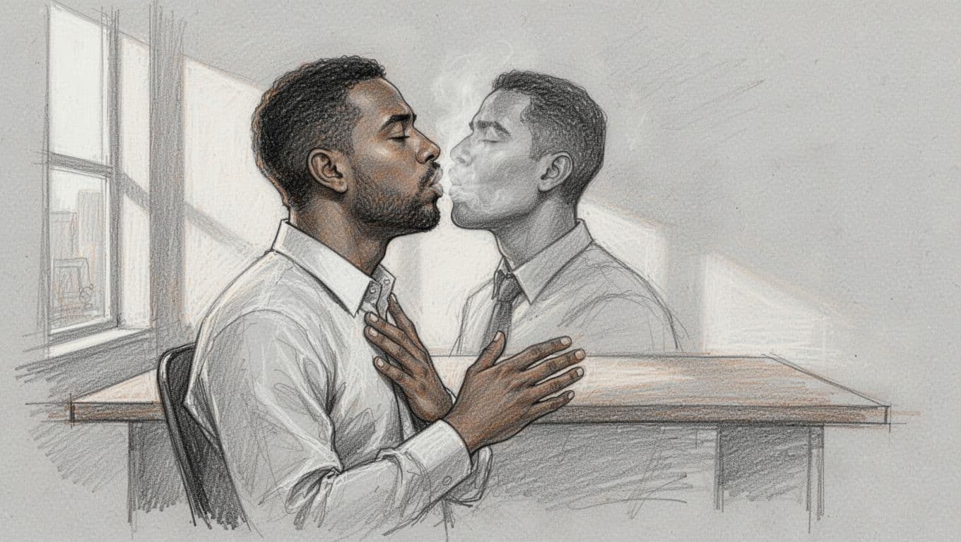 A 35-year-old professional Dominican man in a modern office transforms stress into calm via guided breathing, hand on chest inhaling deeply with a relieved expression shifting from tense to relaxed, side view hand-drawn graphite sketch.