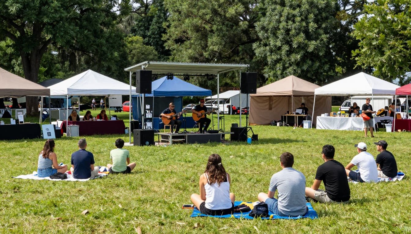 Sunny scene at Donnelly Park in Mount Dora during an arts festival, featuring a live music stage with musicians playing acoustic guitars and a small relaxed crowd of six seated on blankets on the green lawn, with festival tents nearby.
