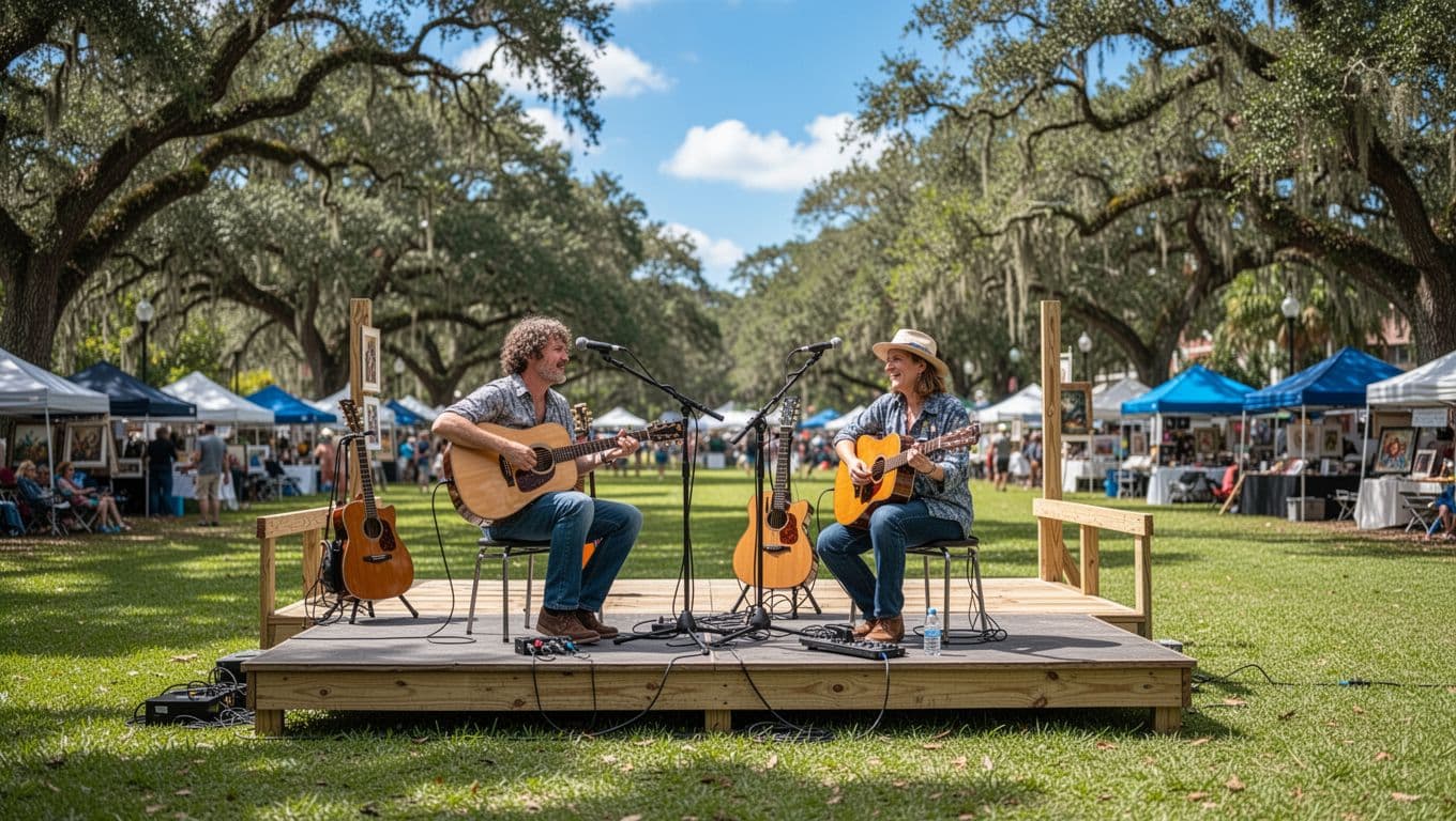 Vibrant realistic photo of a small wooden stage in Donnelly Park during the Mount Dora Arts Festival, with two seated musicians playing acoustic guitars and microphone stands. Surrounded by oak trees, empty green grass audience area, blue sky, and blurred festival tents afar under natural daylight.