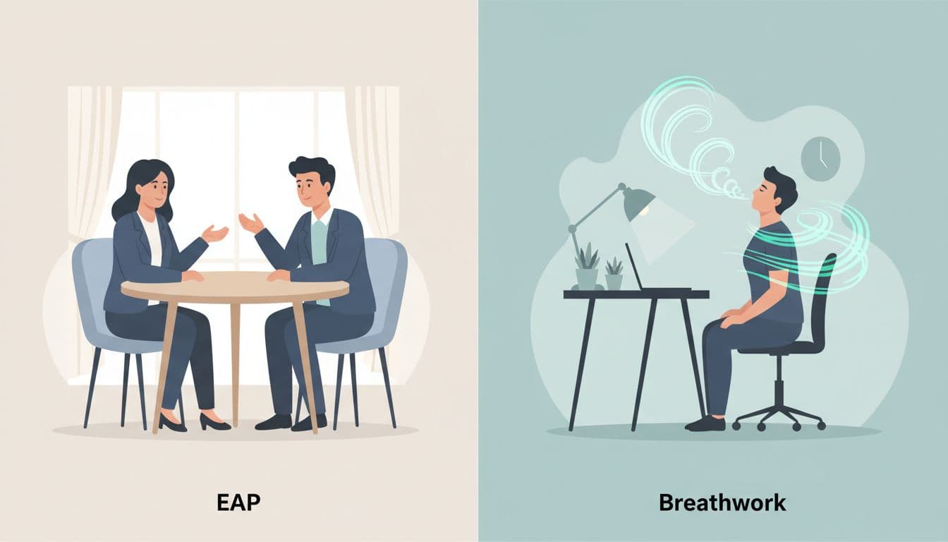 Left side shows therapist and employee talking; right side shows person breathing alone at office desk.