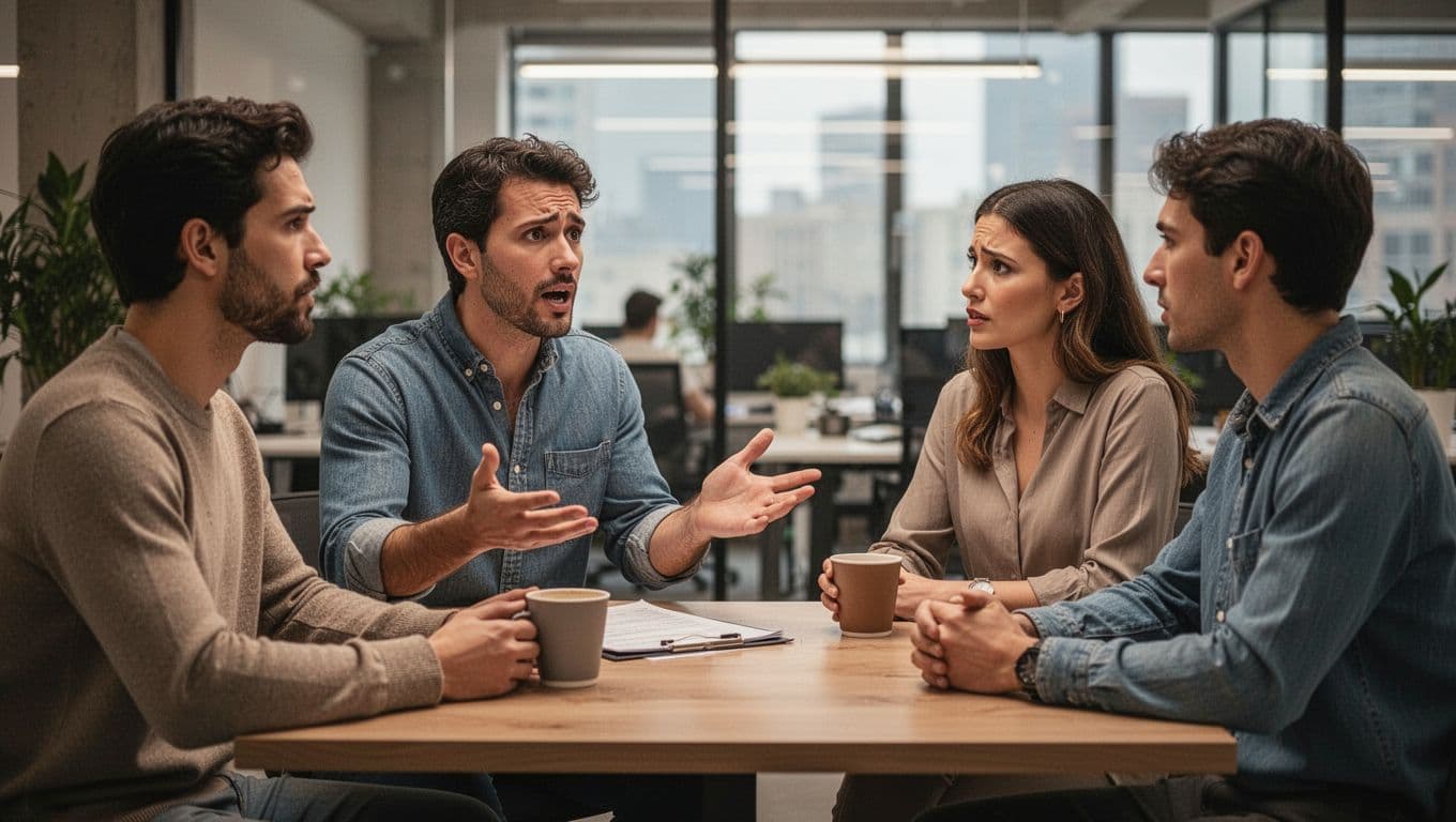 A small group of four colleagues pauses for coffee in the office, with one openly sharing workload concerns using relaxed gestures, while others listen attentively with empathy in a warm, realistic setting.