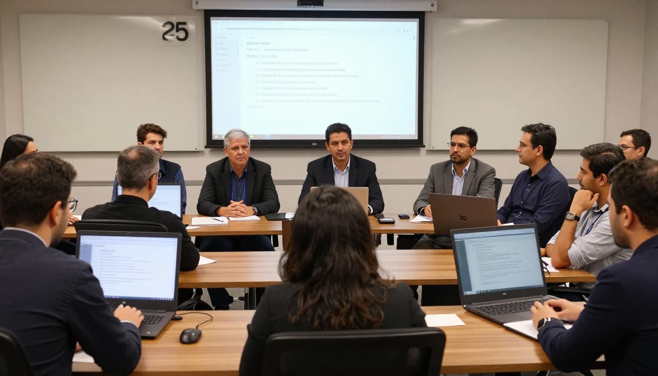 A small group of five professionals in a short, efficient 25-minute meeting in a bright conference room, with projected agenda, relaxed postures using notebooks, CEO facilitating, calm attentive expressions, and nature view through windows.